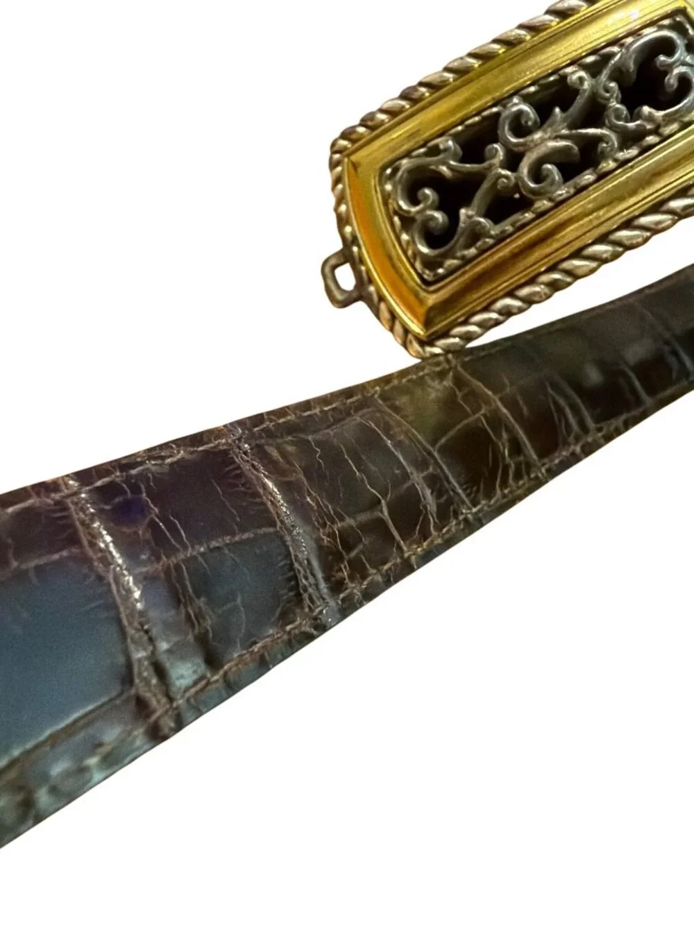 Vtg Brighton Reversible Belt Black Brown Croc Embossed Leather Gold Silver 25